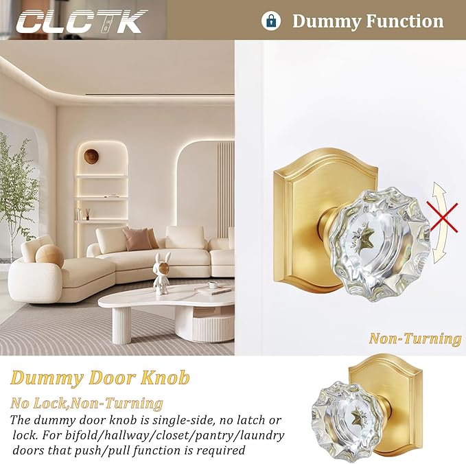 CLCTK 4 Pack Crystal Glass Dummy Door Knob, Single Side Dummy Door Knob Set for Interior Doors, Satin Brass