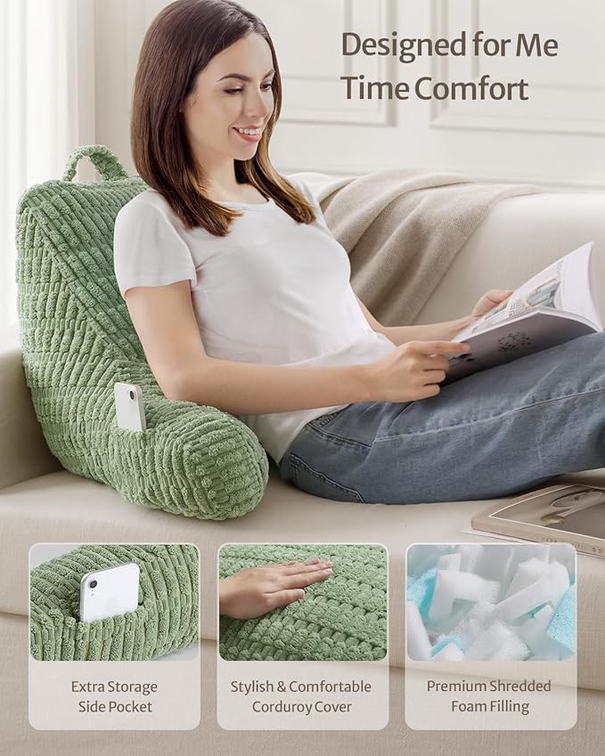 Blissful Diary Reading Pillow, Backrest Pillow with Shredded Memory Foam for Adult & Children, Designed for Bed and Couch Sitting Up, Includes Arms, Pockets and Washable Cover, Sage Green