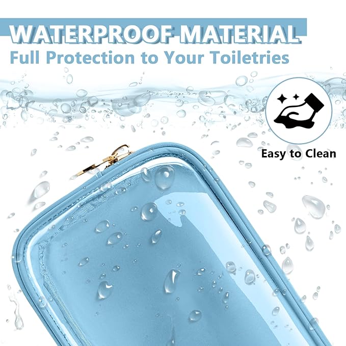 UIXIZQ Clear Small Makeup Bag with Zipper, Nylon&PVC Cosmetic Travel Bag Preppy TSA Approved Toiletry Bag for Women Girls, Transparent Waterproof Makeup Pouches Cute Travel Bag for Purse(Small-Blue)