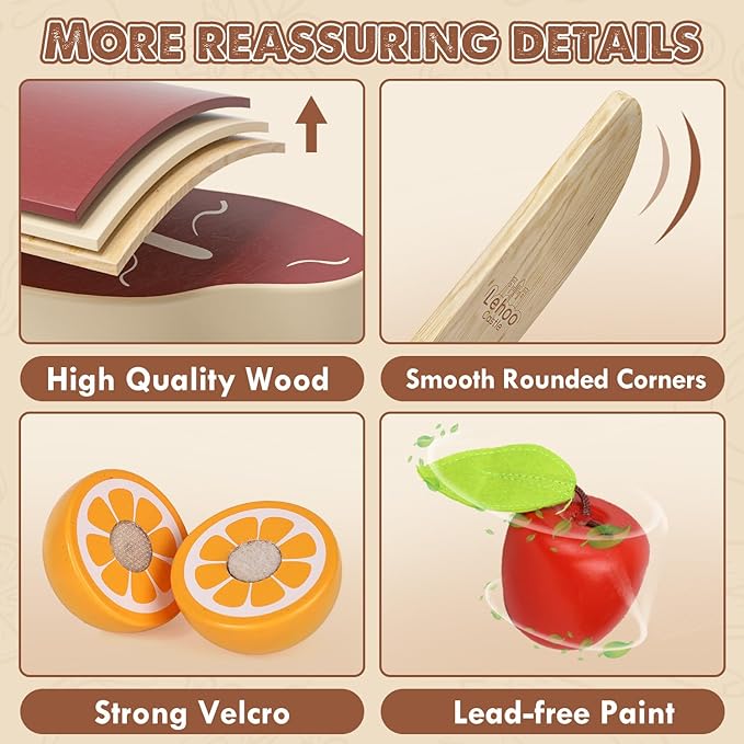 Lehoo Castle Wooden Play Food for Toddlers, Pretend Play Kitchen Accessories, 4 Food Groups, Montessori Sorting Toys for Toddlers 3-5, Cutting Fruits Toys for Boys Girls Kids Ages 4-8