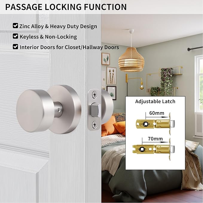 Satin Nickel Passage Door Knob, Brushed Nickel Interior Door Knobs for Closet and Hallway Doors, Round Modern Non-Locking Door Handles