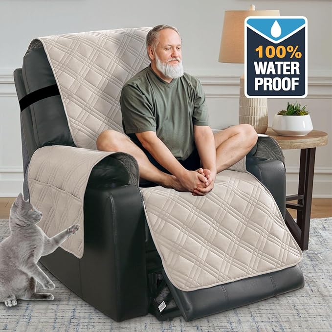 H.VERSAILTEX 100% Waterproof Recliner Chair Cover Reclining Couch Covers for Electric Power Lift Recliner Furniture Protector with Elastic Straps for Kids,French Oak/Beige