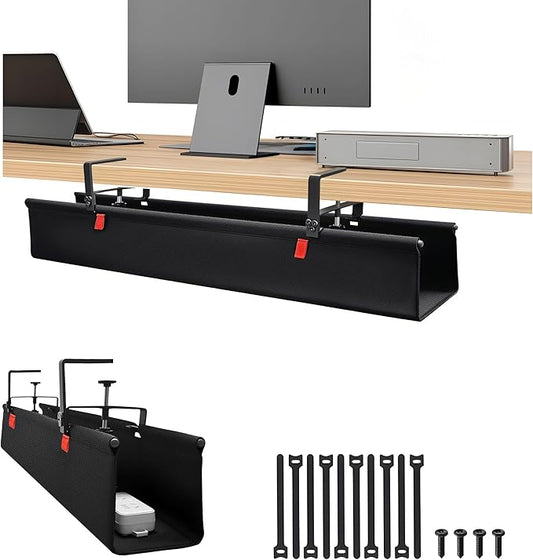 36" No Drill Under Desk Cable Management Tray - Upgraded Oxford Fabric with Cable Loop, No Damage to Table for Standing Desks and Home Office (Large (36 Inch))