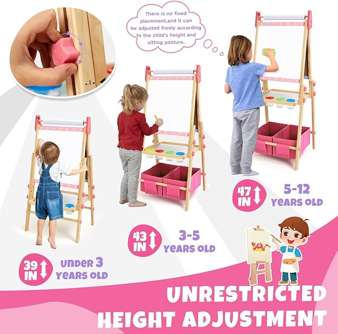 Kids Easel Including 100+ Accessories, Dual-Sided Wooden Easel for Kids Girls Age 3-12 with Magnetic Chalk & Painting Board, Free Height Adjustable Art Easel Supplies for Toddlers (Pink)