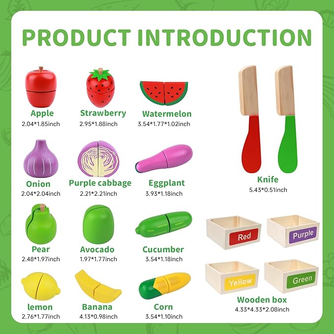30 Pcs Wooden Play Food Sets for Kids Kitchen Accessories, Velcro Fruit and Veggies for Toddlers, Velcro Fruit Cutting Toys for Kids, Color Sorting Play Food Set, Play Food for Toddlers 1-3