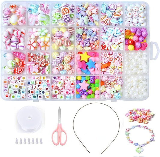 Beads Art Crafts Toys, Acrylic Beads Bracelet Making Kits DIY Beads Kits 24 Different Types and Shapes Colorful Acrylic Beads for Girls Kids DIY Bead Set Gift for 6 + Years Old Kids Birthday Gift