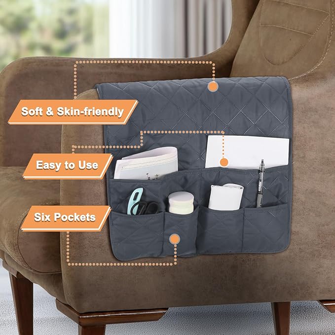 uxcell Couch Sofa Armrest Organizer Non-Slip Chair Arm Recliner Remote Control Organizer with 6 Pockets for Books, Magazines, Tablet, Phone, Gray