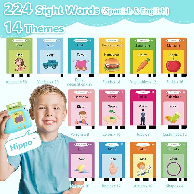 Bilingual Talking Flash Cards Spanish/English, Learning Sensory Toys for Autistic Children, 224 Sight Words Español Speech Therapy Kids Toys Beginner, Birthday Gift for Little Boys and Girls