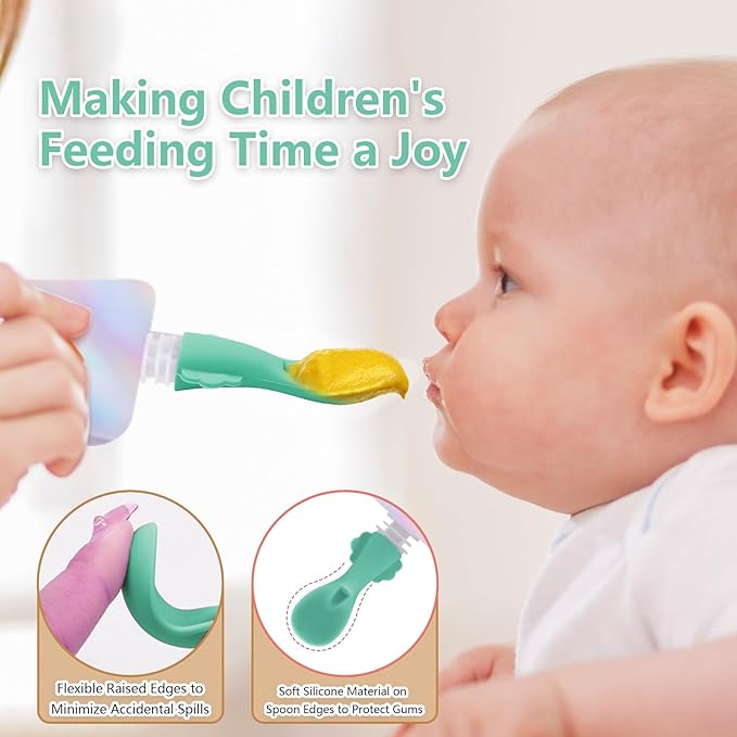 Silicone Spoon Attachment for Baby Food Pouch with On-the-Go Cases - Includes 2 Squeeze Pouch Topper Attachments (White-green)