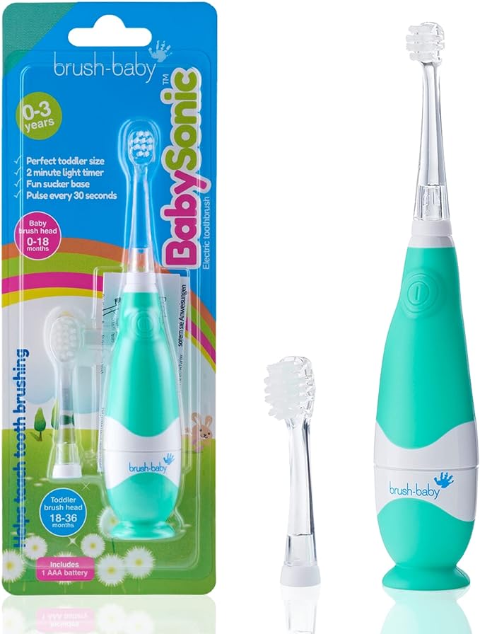 brush-baby BabySonic Infant and Toddler Electric Toothbrush for Ages 0-3 Years - Smart LED Timer and Gentle Vibration Provide a Fun Brushing Experience - Includes 2 Sensitive Brush Heads (Teal)
