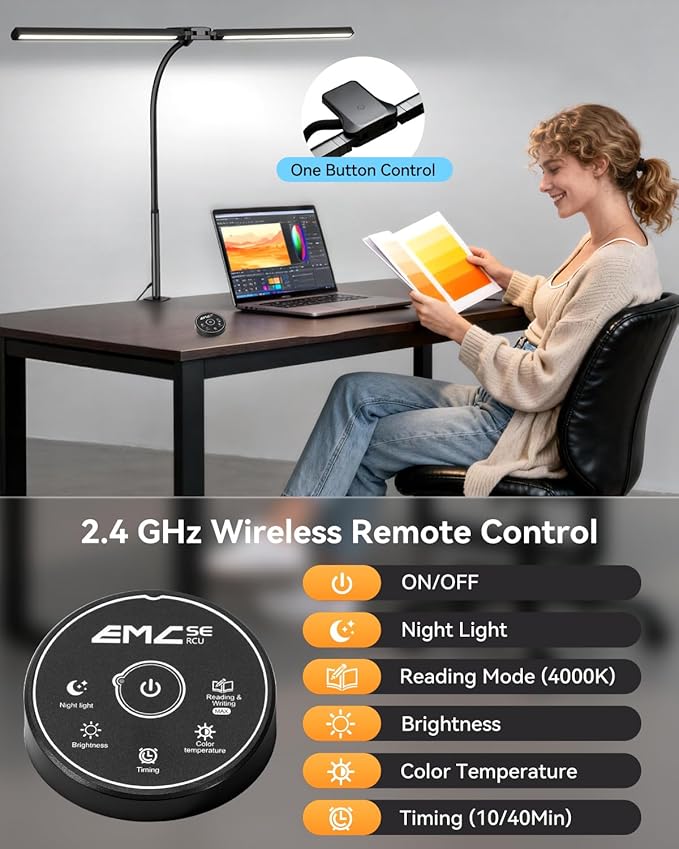 LED Desk Lamp for Home Office, Eye-Caring Architect Lamp with Clamp, Stepless Dimming Computer Light for Dual Screen Monitor, 5 Color Adjustable Lighting Mode, Workbench Light for Drafting, Study