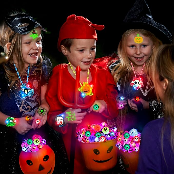 84Pcs Halloween Party Favors for Kids, Glow in The Dark Halloween Toys Bulk Light Up Rings Necklaces Bracelet Halloween Goodie Bag Fillers Stuffers Halloween Treats for Classroom Prizes Trick or Treat