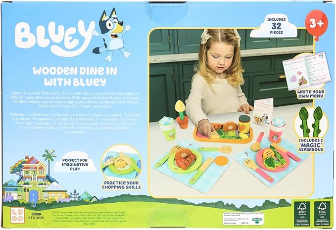 Bluey - Dine in with Bluey Set, 32-Piece Wooden Toy Set with Magic Asparagus, Plates, Utensils & More, Perfect for Role-Play & Imaginative Fun, FSC-Certified, Suitable for 3 Years & Up