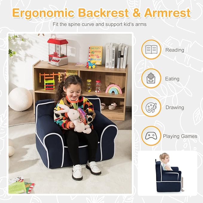 Costzon Kids Couch, Toddler Soft Sofa Chair w/Removable & Washable Velvet Surface for Preschool, Play Room, Nursery, Kindergarten, Toddler Sofa Couch for 0-5 Boys Girls Birthday Gift (Navy Blue)