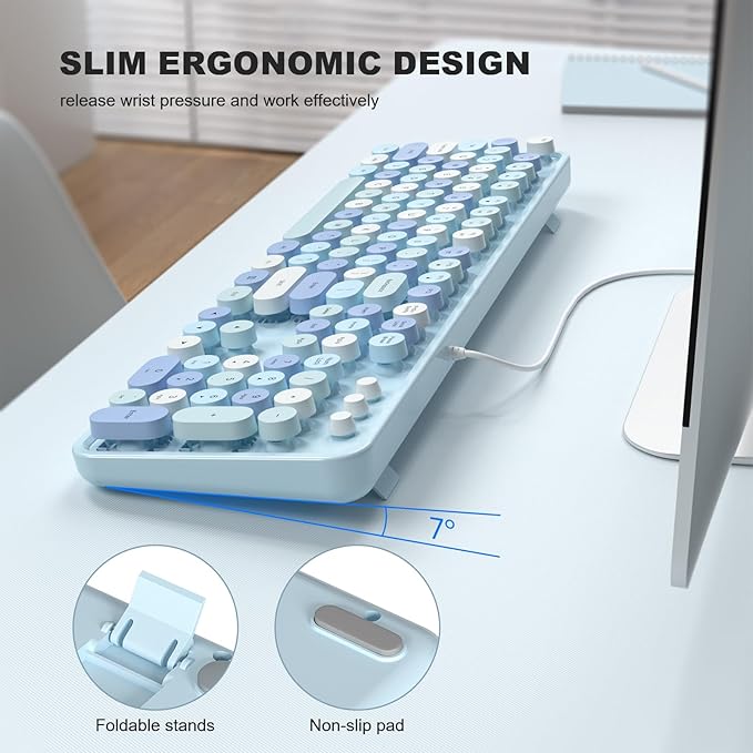 MOFII Computer Keyboards Wired, Plug Play USB Full Size Typewriter Keyboard, Cute Colorful Aesthetic Keyboard with Foldable Stands for Windows PC Laptop (Blue Colorful)