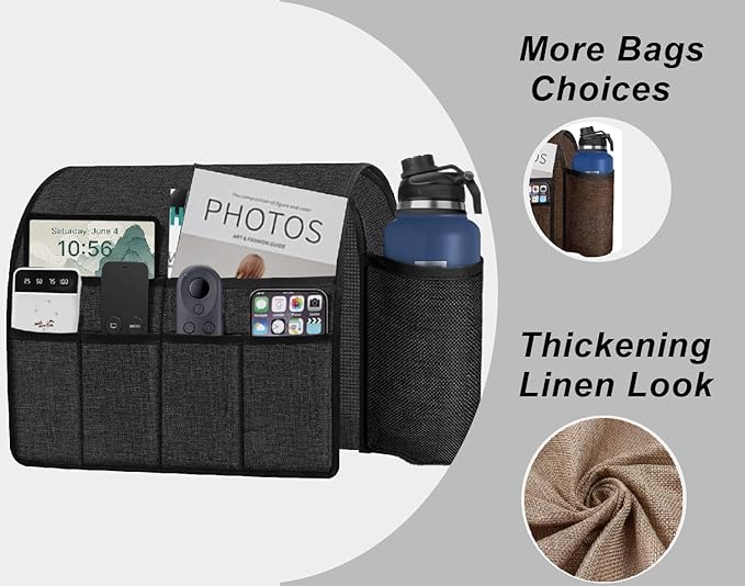 Ntomtuex Sofa Armchair Caddy Remote Control Holder with Water Bottle for Couch Recliner, Armrest Organizer with 7-Pocket Design for Magazines, Eyeglasses, iPad, Phone, Dark Grey