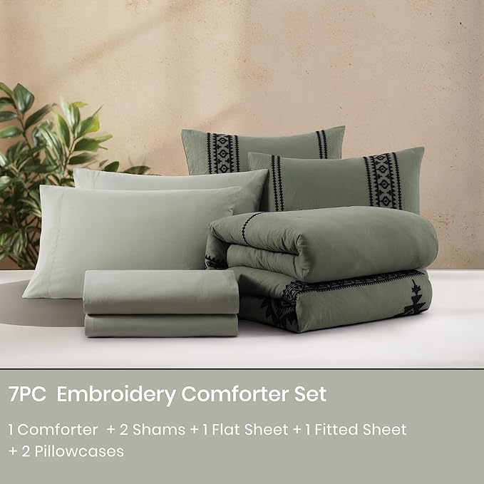 MaiRêve Embroidery Comforter Set, Boho Farmhouse Western Bedding Set, All Season Bed in A Bag Comforter Set with Sheets, Pillowcases & Shams, Olive Green California King 7 Pieces