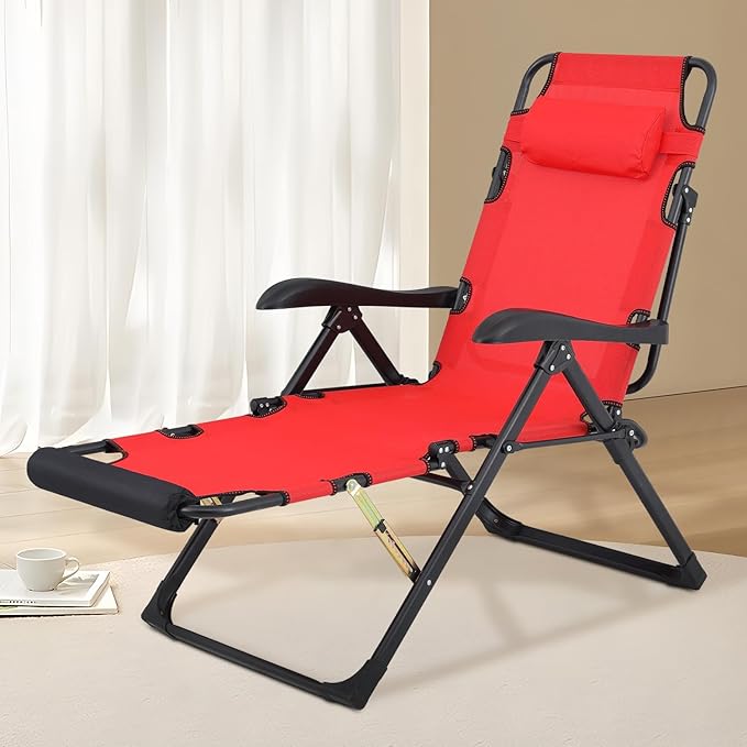 Athena Collection Zero Gravity Outdoor Lounge Chair Recliner, 27" Width Reclining Pool Lounge Lawn Chairs with Headrest Curved Armrest Foot Pad, Outdoor Chaise for Beach Patio Outside, Red