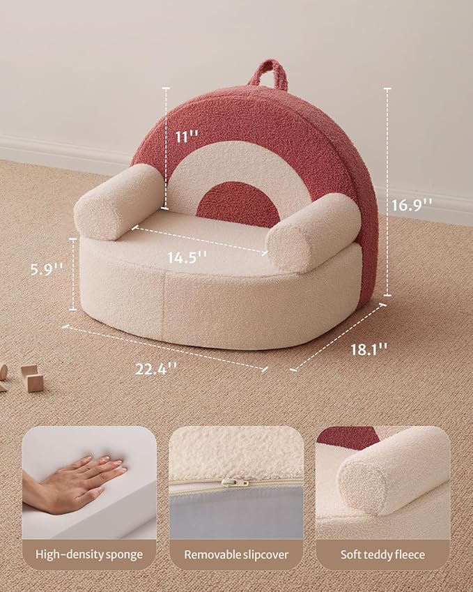Blissful Diary Toddler Chair Comfy, Foam Kids Chair with Soft Teddy Plush, Toddler Reading Armchair with Cute Rainbow Designs- Light Cream