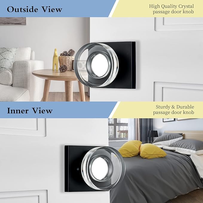 coolnews Passage Crystal Glass Door Knobs Interior for Hall and Closet, Matte Black