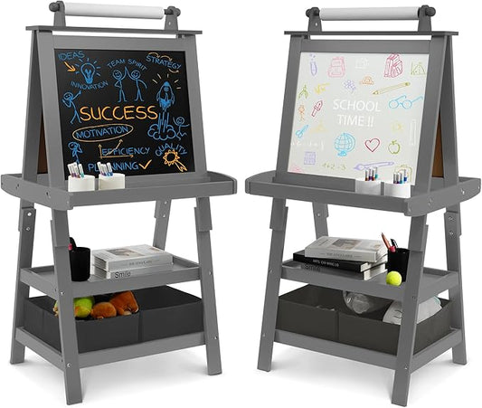 Elevon Art Easel for Kids, Wooden Kids Easel 3 in 1 Adjustable Double Sided, Whiteboard, Chalkboard & Paper Roll, 2-Tier Rack w/ 2 Storage Boxes, Standing Easel for for Painting & Drawing
