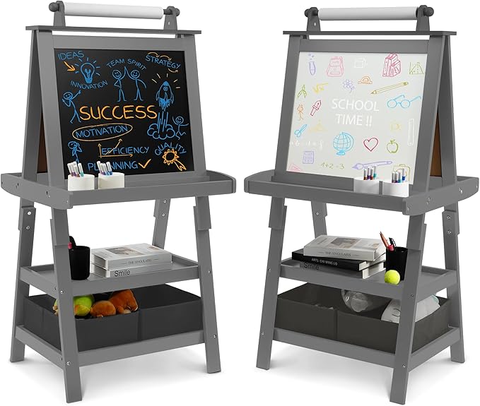 Elevon Art Easel for Kids, Wooden Kids Easel 3 in 1 Adjustable Double Sided, Whiteboard, Chalkboard & Paper Roll, 2-Tier Rack w/ 2 Storage Boxes, Standing Easel for for Painting & Drawing