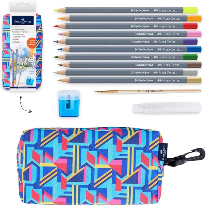 Faber-Castell Art on The Go Watercolor Pencils Set - Travel Watercolor Kit with 10 Goldfaber Watercolor Pencils, Pencil Pouch, No Mess Sharpener and Art Accessories
