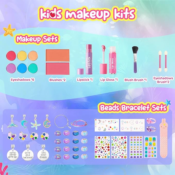 Kids Makeup Sets for Girls - Washable Real Cosmetics Set with Jewelry-Making for Children, Ocean Princess Dress-Up Makeup Bracelet Kits, Ideal Winter Birthday Gift for 4-12 Year Olds (Blue)