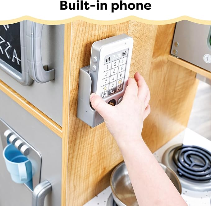 KidKraft Uptown Natural Wooden Play Kitchen with Play Phone, Chalkboard & Towel Rack, Gift for Ages 3+