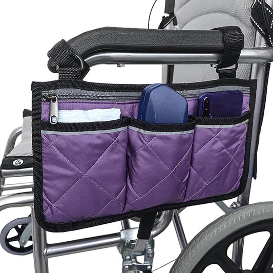 Xiaokeis Wheelchair Side Organizer Storage Bag Armrest Pouch with Cup Hold and Reflective Strip, Waterproof Storage Pouches for Most Wheelchairs Rollators, Walkers Wheelchairs Accessories(Purple)