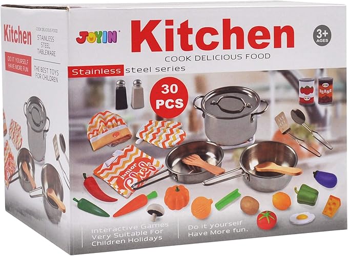 JOYIN Kid Play Kitchen, Pretend Daycare Toy Sets, Kids Cooking Supplies with Stainless Steel Cookware Pots and Pans Set, Cooking Utensils, Apron&Chef Hat and Grocery Play Food Sets, Toddler Gifts
