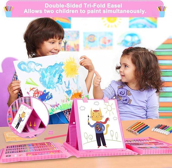 208 PCS Art Supplies Kit for Kids Girls Boys Ages 6-12, Drawing Set with Trifold Easel, Includes Coloring Book, Scissors, Sticker, Origami Paper Crayons, Markers, Colored Pencils, Watercolors