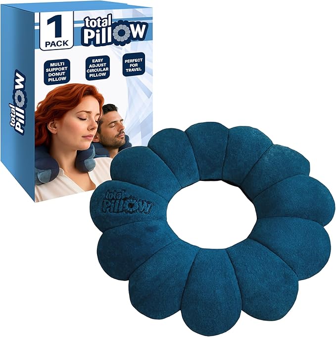 Total Pillow Donut Pillow for Airplane & Travel, Sleeping Neck Pillow, Microbead Comfortable Pillow for Neck, Head, Back, Lumbar & Pelvic Support, Twists to Many Positions - Blue