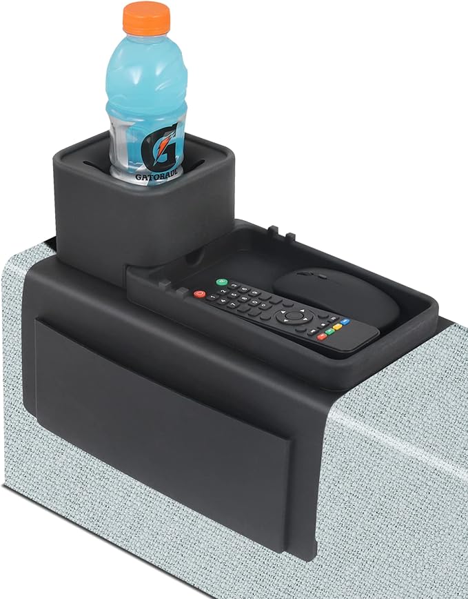 Silicone Couch Cup Holder, VIENFUT Anti-Spill Anti-Slip Sofa Armrest Tray BPA-Free, Dirt-Resistant Silicone Couch Arm Tray for Remote, Snacks, Cellphone and iPad, Gift for Family, Friend (Black)