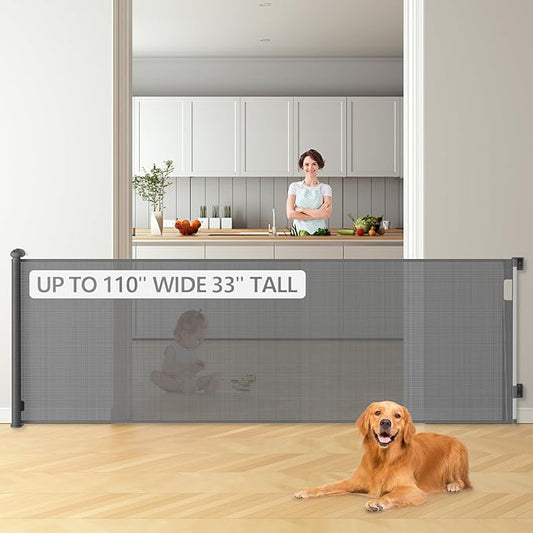 Bulubaky Extra Tall Safety Retractable Baby Gate Adjustable Wide Retractable Dog Gate Mesh Baby Gate Child Gate for Doorway, Hallway, Stair Gates for Kids or Pets (Grey, 33" Tall x 110")