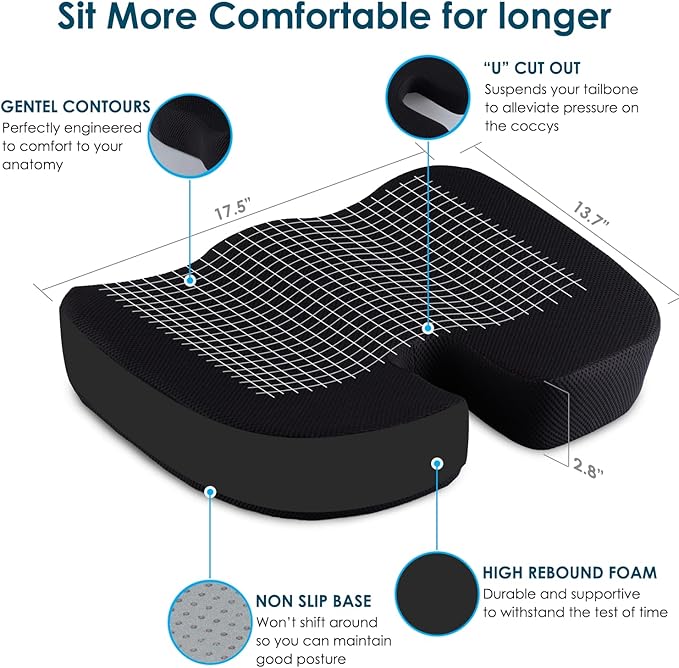 Coccyx Seat Cushion and Lumbar Support Pillow for Office Chair Wheelchair, Orthopedic Car Seat Cushion Memory Foam Back Support Cushion for Lower Back Pain,Tailbone & Sciatica Pain Relief Black