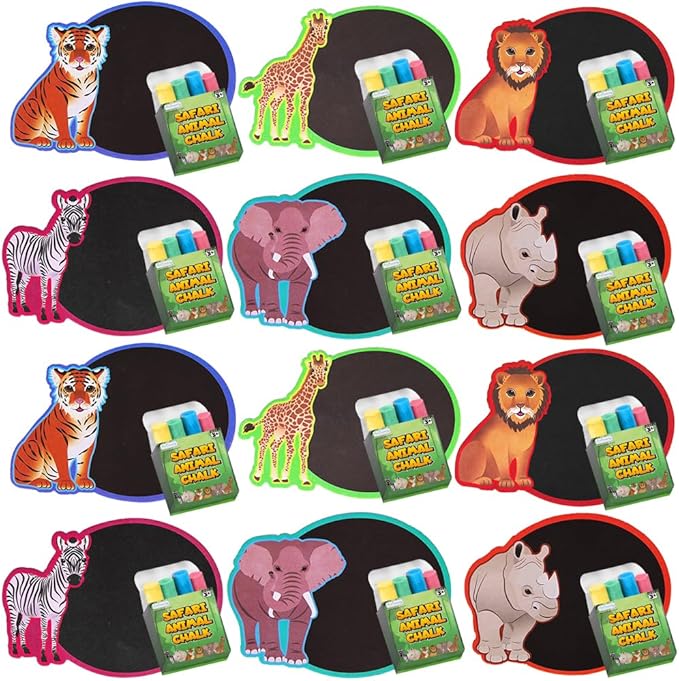 ArtCreativity Safari Animal Chalkboard Sets - Pack of 12-1 Colorful Animal Chalk Board + 4 Colorful Chalks - Small Chalkboards - Assorted Colors - Great Party Favor - Amazing Gift Idea for Kids