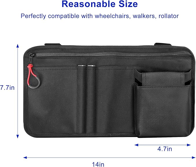 Wheelchair Side Bag with Cup Holder, Premium Wheelchair Armrest Pouch Accessories for Adults，Wheelchair Bags for Walkers, Rollators, Electric Wheelchairs (Black)