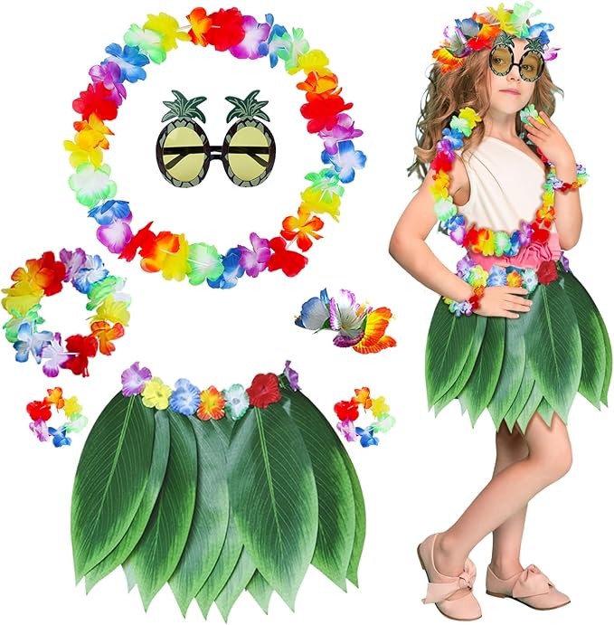 Fortuning's JDS Boys Girls Hawaiian Flowers Leaf Grass Skirts Garland Costume Set Beach Party Favors