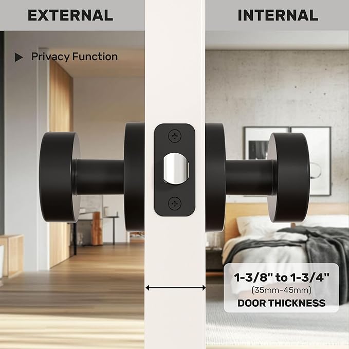 Matte Black Door Knob Passage Door Knob Interior for Closet and Hallway, Heavy Duty Round Vintage Door Handle