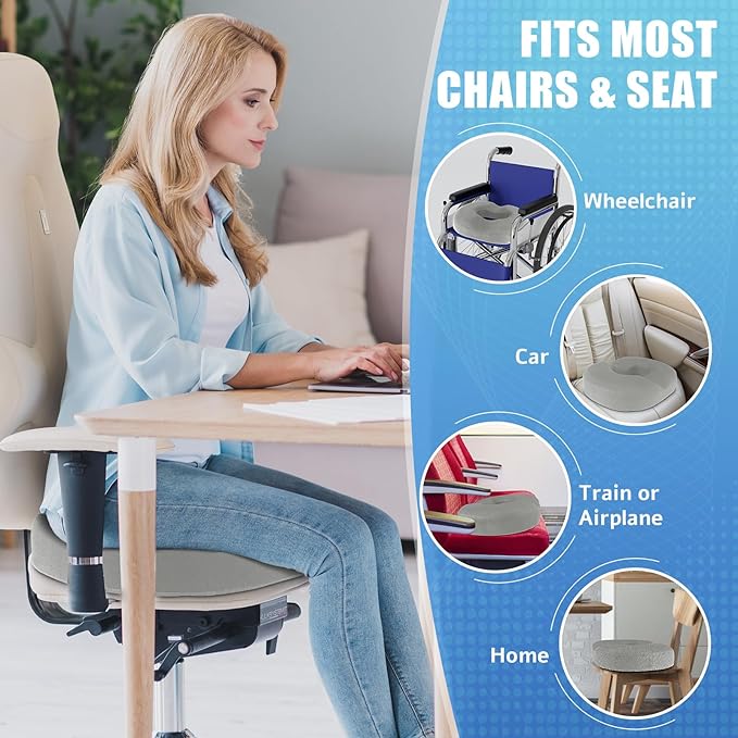 BlissTrends Donut Pillow Seat Cushion, Chair Cushions for Postpartum Pregnancy & Hemorrhoids, Tailbone Pain Relief Cushion, Memory Foam Lifting Cushions for Office&Home Chairs (Light Grey, XX-Large)