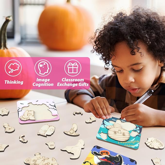 8 Pack Halloween Wooden Puzzles for Toddlers Halloween Puzzles Coloring Craft Kits for Kids Boys Girls Montessori Toys Halloween Party Favors Treat Bag Gifts Educational Learning Jigsaw Puzzle