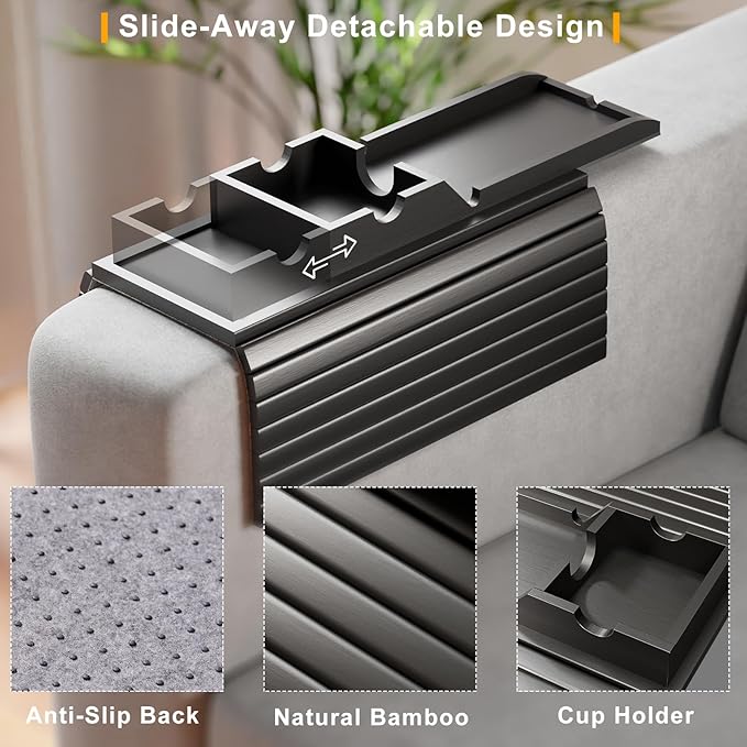 Bamboo Couch Armrest Table, Sofa Arm Tray with Detachable Couch Cup Holder- 2 in 1 Anti-Slip Foldable Sofa Armchair Caddy Table for Drinks Cellphone TV Remote Snacks (Black)