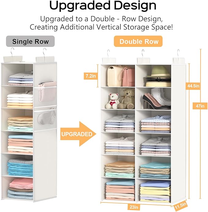 ALLTIDYUP Space-Saving Hanging Closet Storage Organizer – Dual-Row Foldable Shelves with 3 Hooks, 6-Tier Wardrobe Organizer for Dorm, Bedroom, Closet (White)