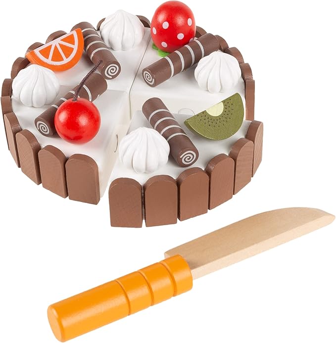 Hey! Play! Birthday Cake-Kids Wooden Magnetic Dessert with Cutting Knife, Fruit Toppings, Chocolate and Vanilla Swirls-Fun Pretend Play Party Food
