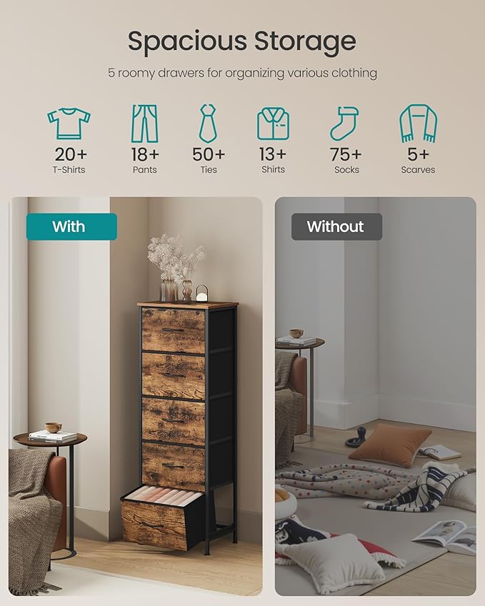 SONGMICS Dresser for Bedroom, Chest of Drawers, Steel, MDF, 5 Non-Woven Fabric Drawers, Storage Organizer Unit, Closet, Entryway, Rustic Brown and Ink Black ULGS315B02S