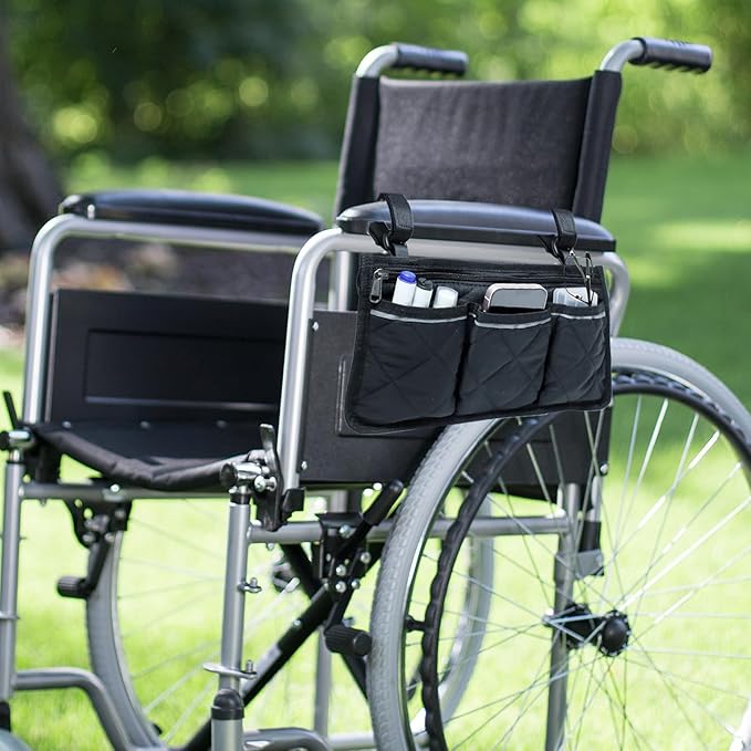 2 Pack Wheelchair Side Bag, Armrest Pouch with Reflective Stripe, Detachable Rollator Bag Wheelchair Pouch Side Pocket Organizer Bags for Wheelchairs, Walkers or Rollators (Black Gray)