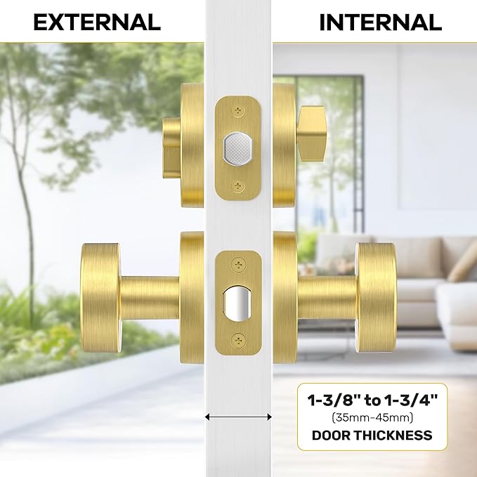 Gold Door Knob with Deadbolt Lock, Satin Brass Front Door Handle with Deadbolt Lock Set, Round Deadbolt and Exterior Door Knob with Key