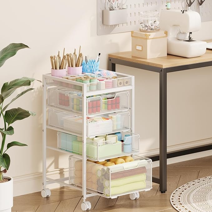 Rolling Utility Cart with 4 Drawers, Craft Organizer and Storage Carts with DIY Divider, Lockable Wheels Storage Organizer for Art Supplies, Store for Brushes & Paints & Artifacts, White