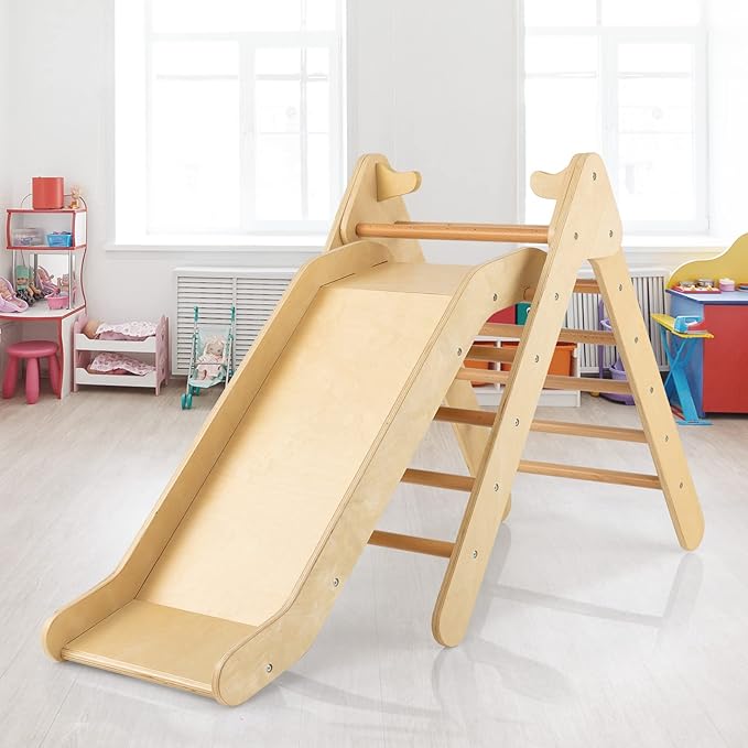 HONEY JOY Triangle Climber with Ramp, Kids Climbing Triangle Ladder for Daycare, Gym & Playground, Wooden Montessori Climbing Toys for Toddlers, Gift for Boys Girls